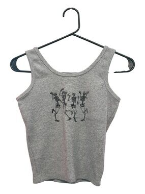 Obsessive Love Gray Ribbed Cotton Tank Crop Top with Skeleton Graphic Small